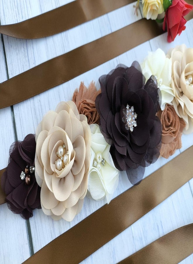 Oyabridal Brown Babyshower Sash for Mom,Maternity Flower Sash Belt for Pregnancy Photograph - Image 2